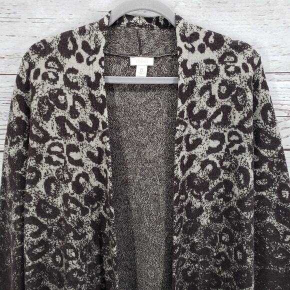 Chico's Women's 100%Wool Knit Animal Print Ombre Open Cardigan Size 0 - Picture 3 of 13